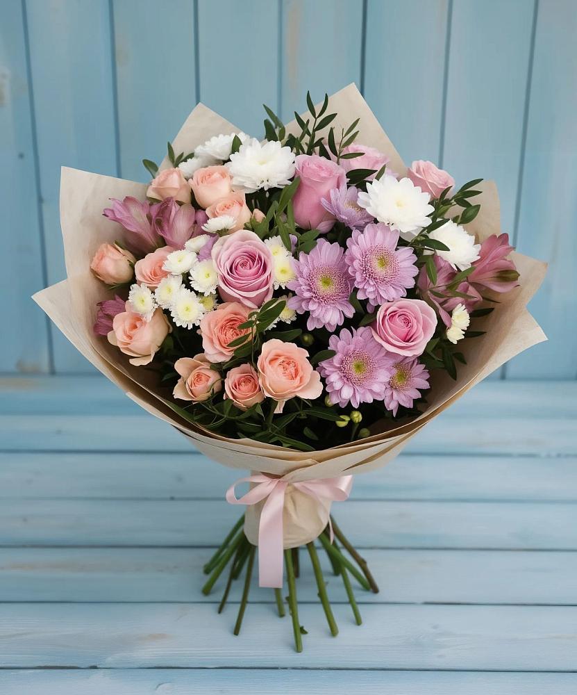 Букет цветов из: Хризантемы, Розы и Альстромерии в Оболенске