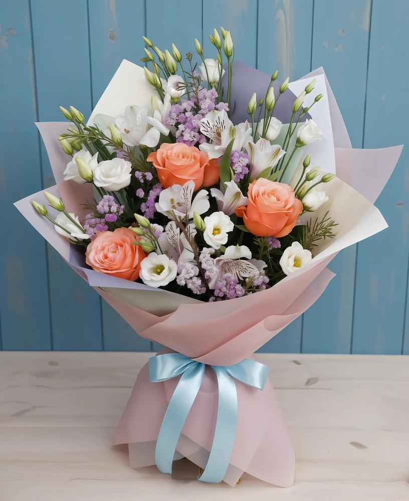 Букет цветов из: Лизиантусы, Розы, Альстромерии и Гипсофила в Оболенске
