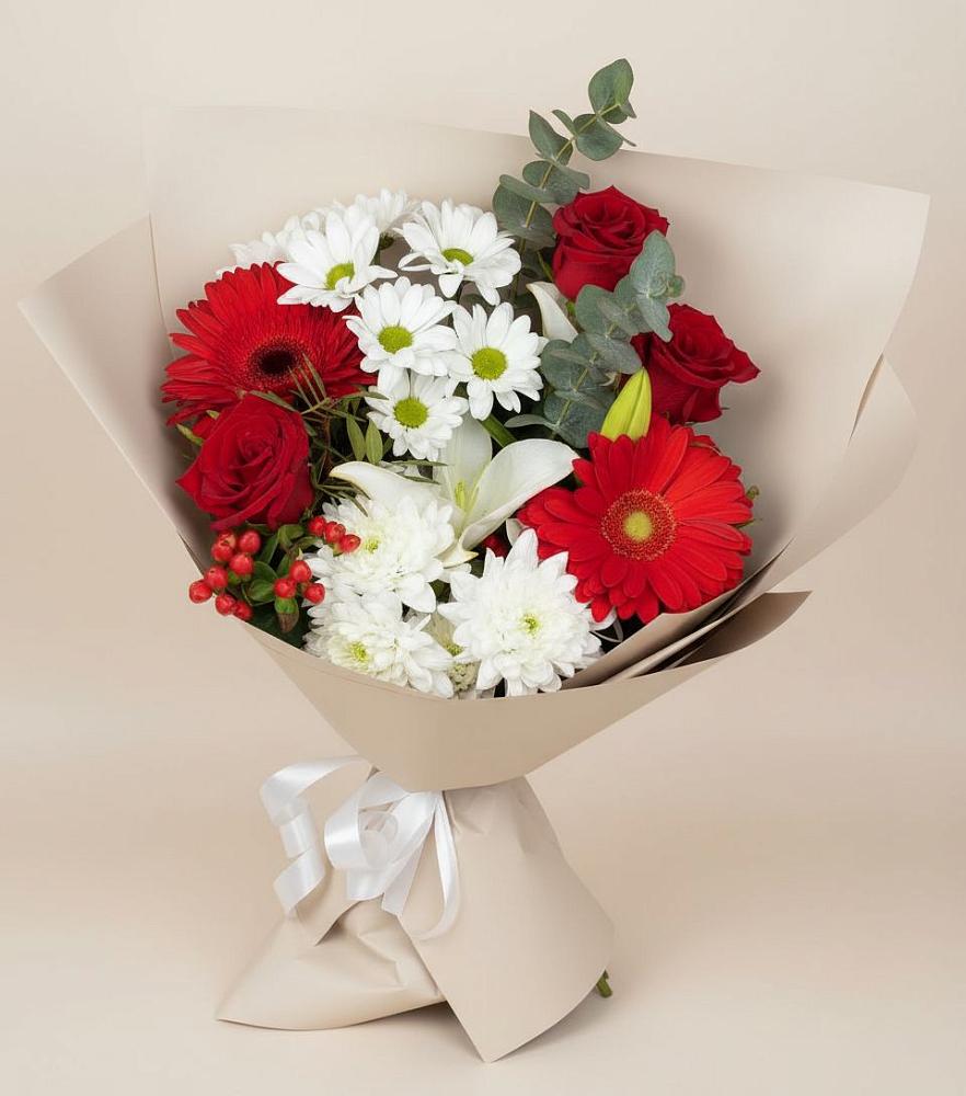 Букет цветов из: Розы, Хризантемы, Герберы и Лилии в Оболенске
