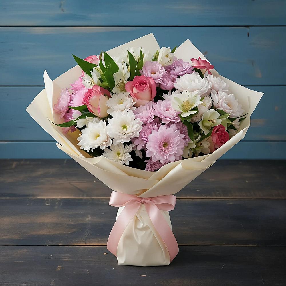 Букет цветов из: Хризантемы, Альстромерии и Розы в Оболенске